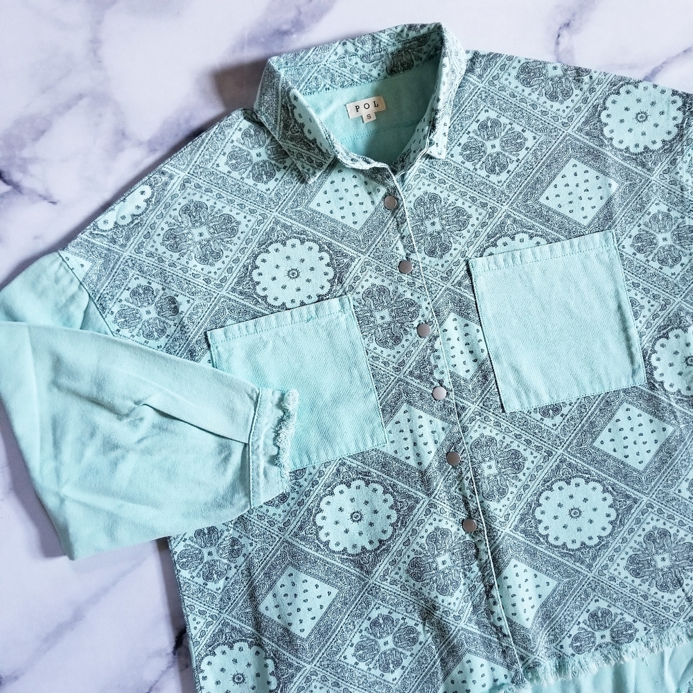 Pol Mint And Gray Patterned Jean Jacket - image 4